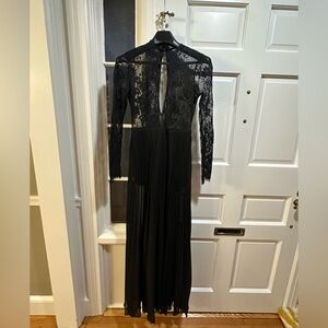 Bebe y2k Black Lace Long Sleeve Evening Dress with long sheer skirt with slit